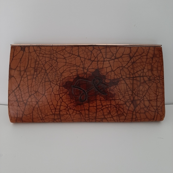 Vintage Leather Clutch Mosiac Pattern with Embossed Design Comb, Change Purse - Picture 2 of 9